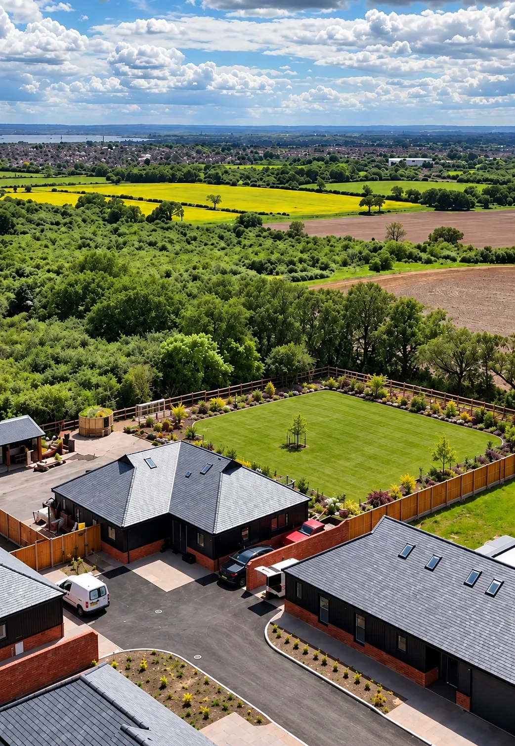 Aerial drone view of Sunnyside Farm, an Option 1 development in Essex