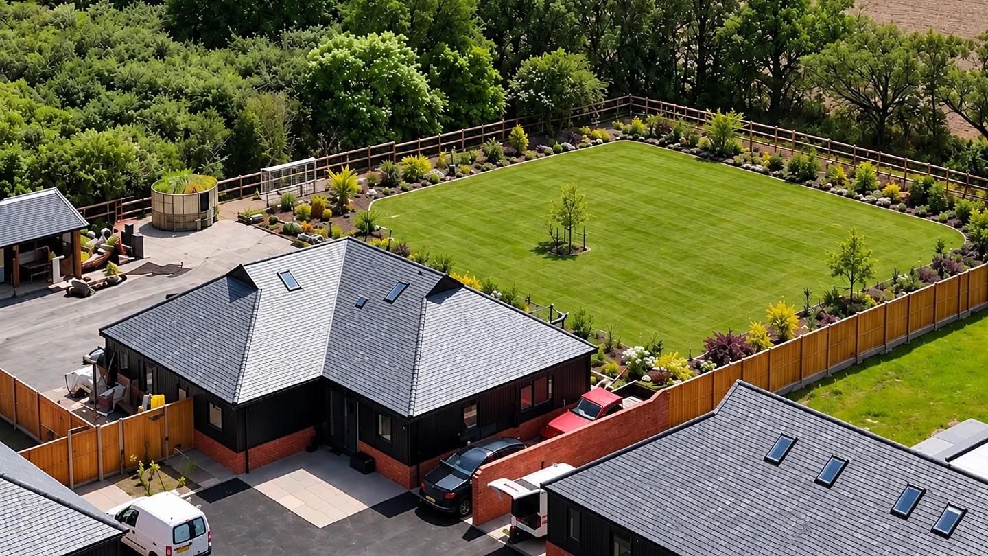 Aerial drone view of Sunnyside Farm, an Option 1 development in Essex